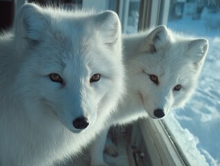 Naklejka premium Two arctic foxes with thick white fur observe the snow outside a window on a winter day.