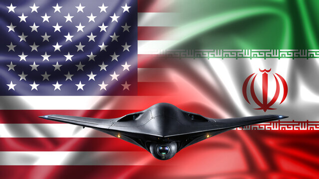 USA and Iran conflict: American stealth drone against national flags background.