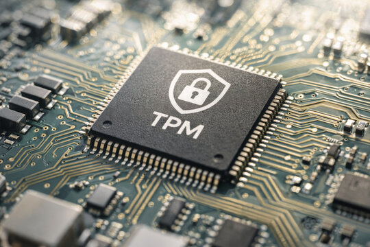 Close-up of secure tpm chip on electronic circuit board