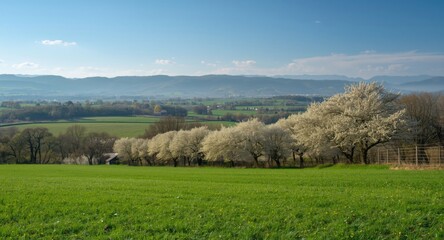 Fototapeta premium Lovely rural environment with blossoming landscapes and subtle mountain outlines