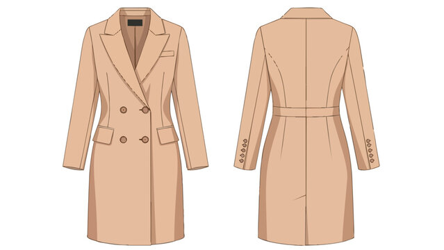 Sophisticated women's double-breasted longline coat flat sketch fashion apparel design representation