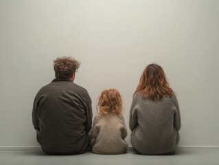 A family of three sits against a neutral wall with their backs facing the camera.