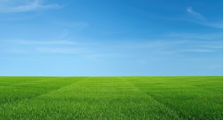 Fototapeta premium Healthy green grass patch beneath vast clear blue sky background with copy space