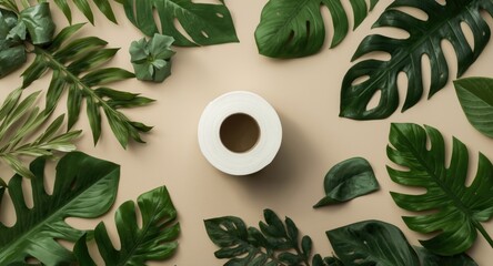 Flat overhead image of a toilet paper roll surrounded by vivid green leafy accents