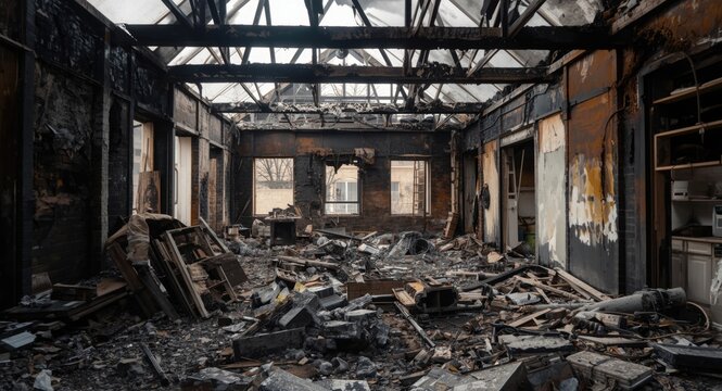 Interior shot of a fire-stricken building revealing charred remains