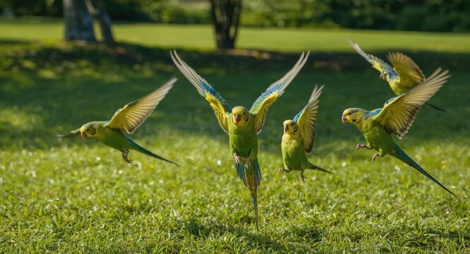 Energetic parakeets flying and playing close to a bright green lawn on a warm summer afternoon full length view