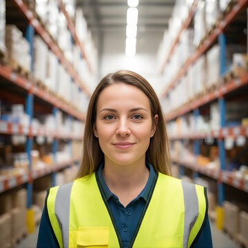 Retrato de trabajadora de almac&eacute;n sonriente con chaleco de seguridad amarillo en pasillo de distribuci&oacute;n