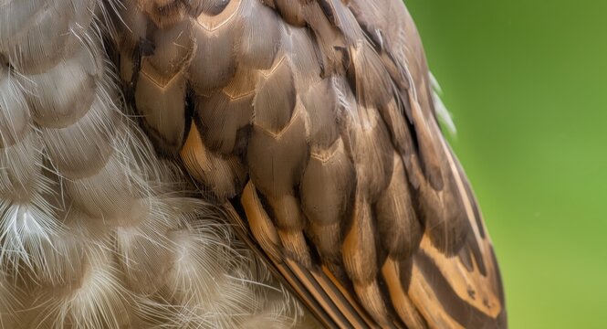 Close up image showing Red-legged Seriema bird feathers set against a diffused green background