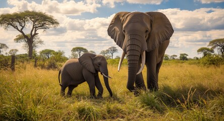 joyous baby elephant playing near adult elephant in sunny environment