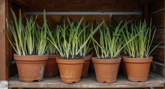 Fresh Green Shoots Emerging From Terracotta Plant Pots On An Aged Shed Shelf