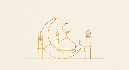 An intricate golden line art design depicting a mosque with a crescent moon