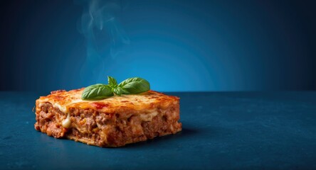 Basil topped homemade lasagna displayed on a deep ocean blue background with copy space