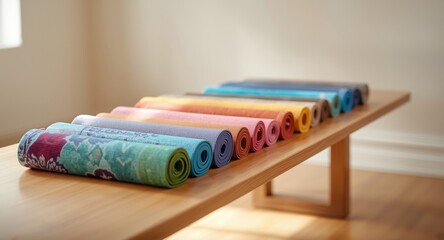 collection of yoga mats spread evenly on long table
