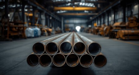 Construction steel pipes stacked with focus on textured surfaces in industrial setting