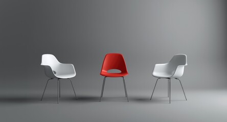 Employment office setting with three white chairs and a single red chair against gray background