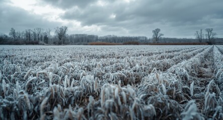 Agricultural fields with frozen plants and winter crops harmed by frost impacting spring wheat sowing