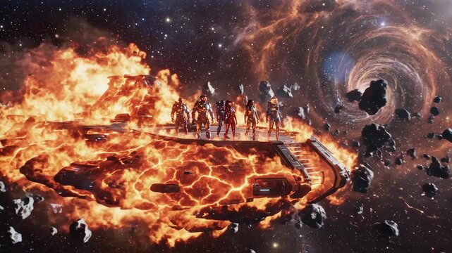 A team of armored figures stand on a fiery platform in deep space, with a swirling galaxy and asteroids in the background. Dramatic lighting and intense atmosphere.