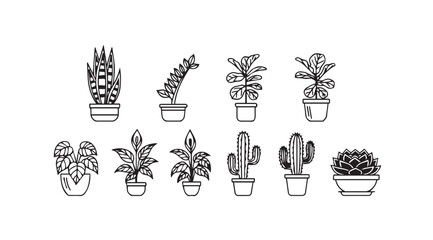 Collection of Potted Houseplants Line Art Vector Illustrations