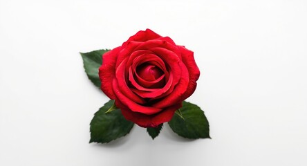 Fototapeta premium A fresh red rose with thick green leaves and tender petals photographed from top down on a pure white flat backdrop presenting a striking design