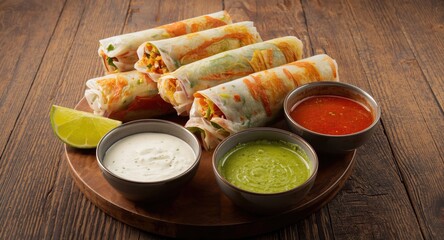 Appetizing vegetable spring rolls with lime and an assortment of dips on a wooden surface