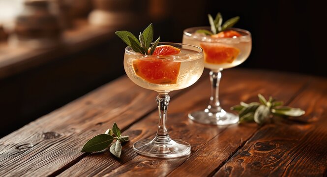 Crisp grapefruit and sage gimlet cocktails in glasses resting on wood