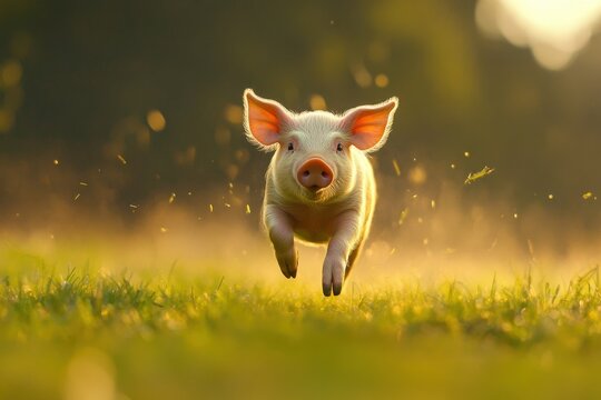 Playful piglet running in sunlit meadow nature scene outdoor joyful adventure