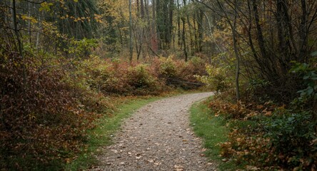 Fototapeta premium Calm nature path bordered by seasonal plants and colorful terrain