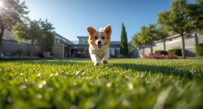 Energetic pet frolicking on a full length lush green grass lawn during summer time