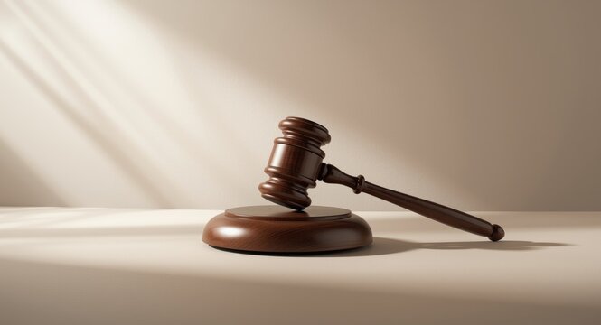 Legal theme represented by wooden gavel and base against plain backdrop