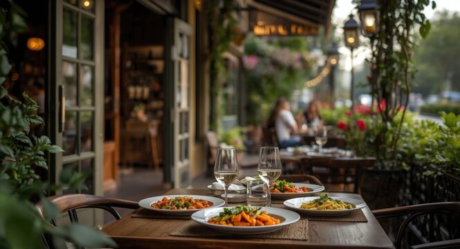 Italian restaurant outdoor terrace offering fresh vegetable sides and pasta meals