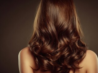 Fototapeta premium A person with long, wavy brown hair is seen from behind, presenting a natural hairstyle.