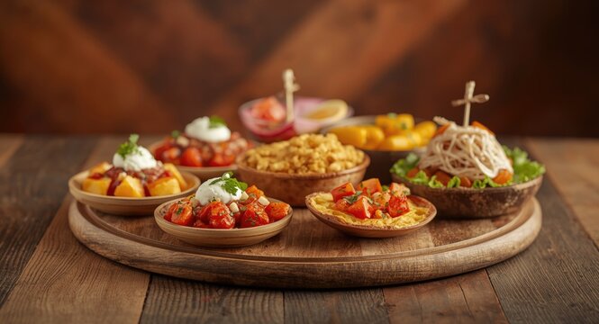 Assorted Spanish tapas appetizers displayed on a rustic wooden table
