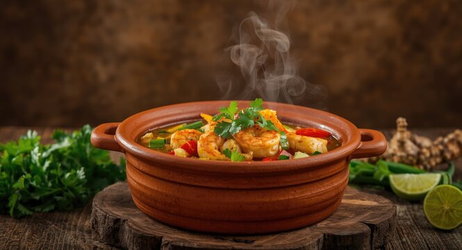 Brazilian shrimp moqueca served hot in traditional clay cookware with garden fresh herbs and vegetables