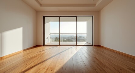 Obraz premium Bare room with fine wooden floors and expansive glass sliding doors providing balcony access
