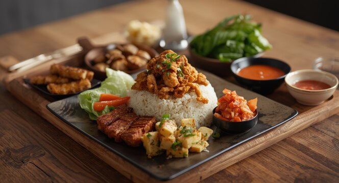 Authentic rice based Nasi Liwet with sides including fried chicken tempeh tofu sambal and fresh vegetables