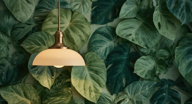 Elegant lamp fixture suspended before fresh green leaf wall