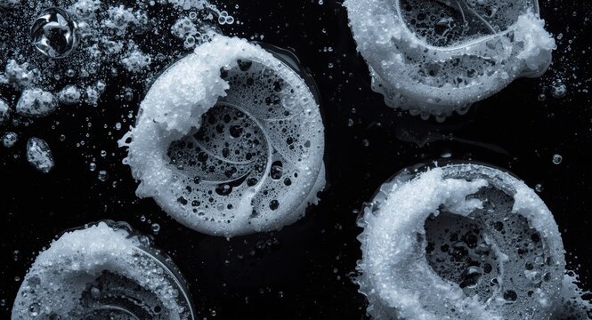 High angle shot of facial cleansing products with soap foam and swirling bubbles on a glossy black backdrop highlighting textured soapy liquid features