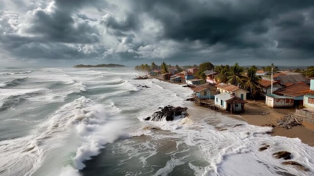 Aerial storm surge waves batter tropical coastal village with palm trees under dark thunderclouds