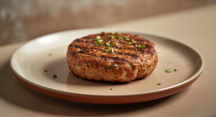 Close up view of plant based vegan soya protein grilled burgers with copy space for design