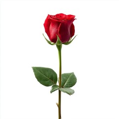 Elegant long stem red rose symbolizing love and romance, isolated on a white background, perfect for Valentine&rsquo;s Day theme 
