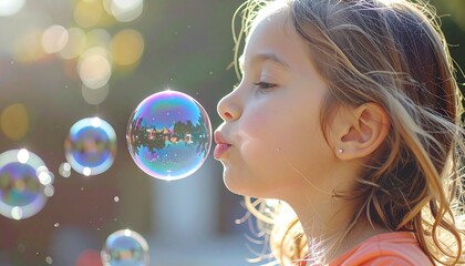 Naklejka premium Girl blowing bubbles in sunlight, capturing childhood joy and innocence.