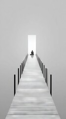 Fototapeta premium Solitary figure seated on a wooden pier extending over calm water, framed by a bright doorway in a minimalist, serene environment