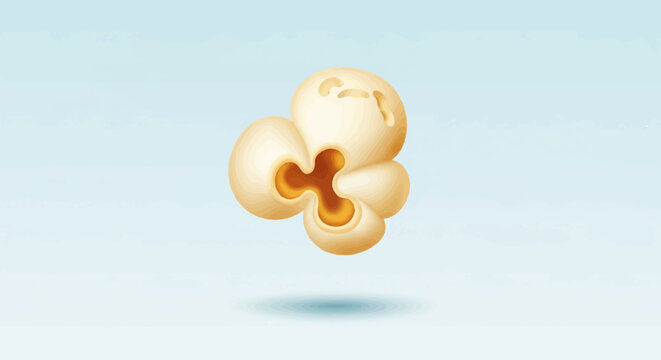 A single piece of puffed popcorn floats in the center of a pale blue background