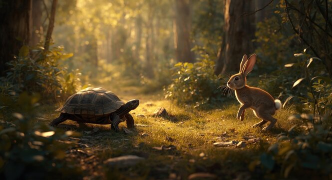 A fable about a slow moving turtle and a fast rabbit in a test of endurance