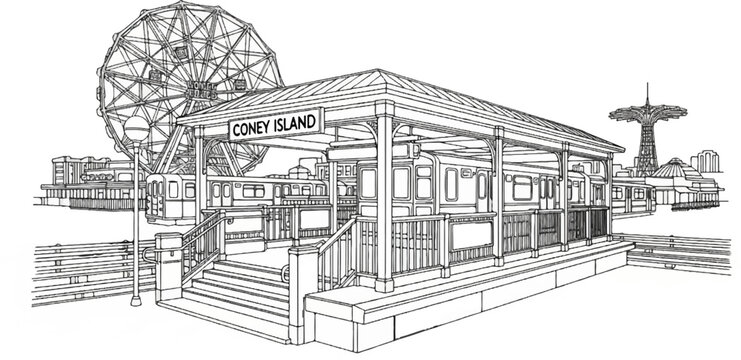 A sketch depicts a vintage amusement park scene with a train station and Ferris wheel