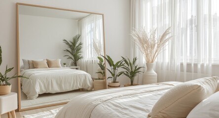 Fototapeta premium bright contemporary bedroom space with mirror reflection and cozy setup