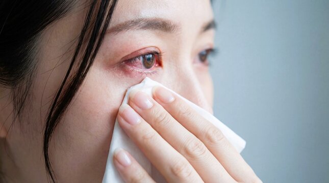 Close-up of a woman dabbing her red, irritated eye with a white tissue to alleviate discomfort and dryness symptoms