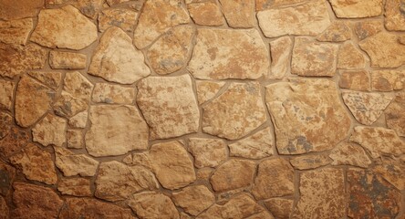 Design background with warm toned irregular stone wall texture and copy space area