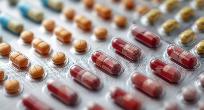 Detailed shot of colorful prescription capsules and tablets in blister packaging analyzing pharmaceutical prices