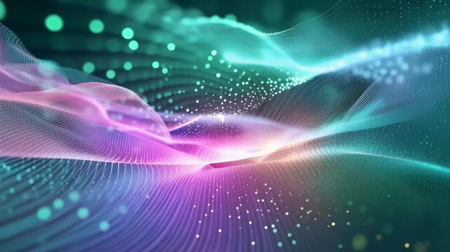 Flowing neon particle waveforms with shimmering bokeh dots on dark futuristic background